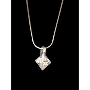Sterling Silver 925 8mm Square Cut Diamonique CZ Pendant And 18” Sterling Chain